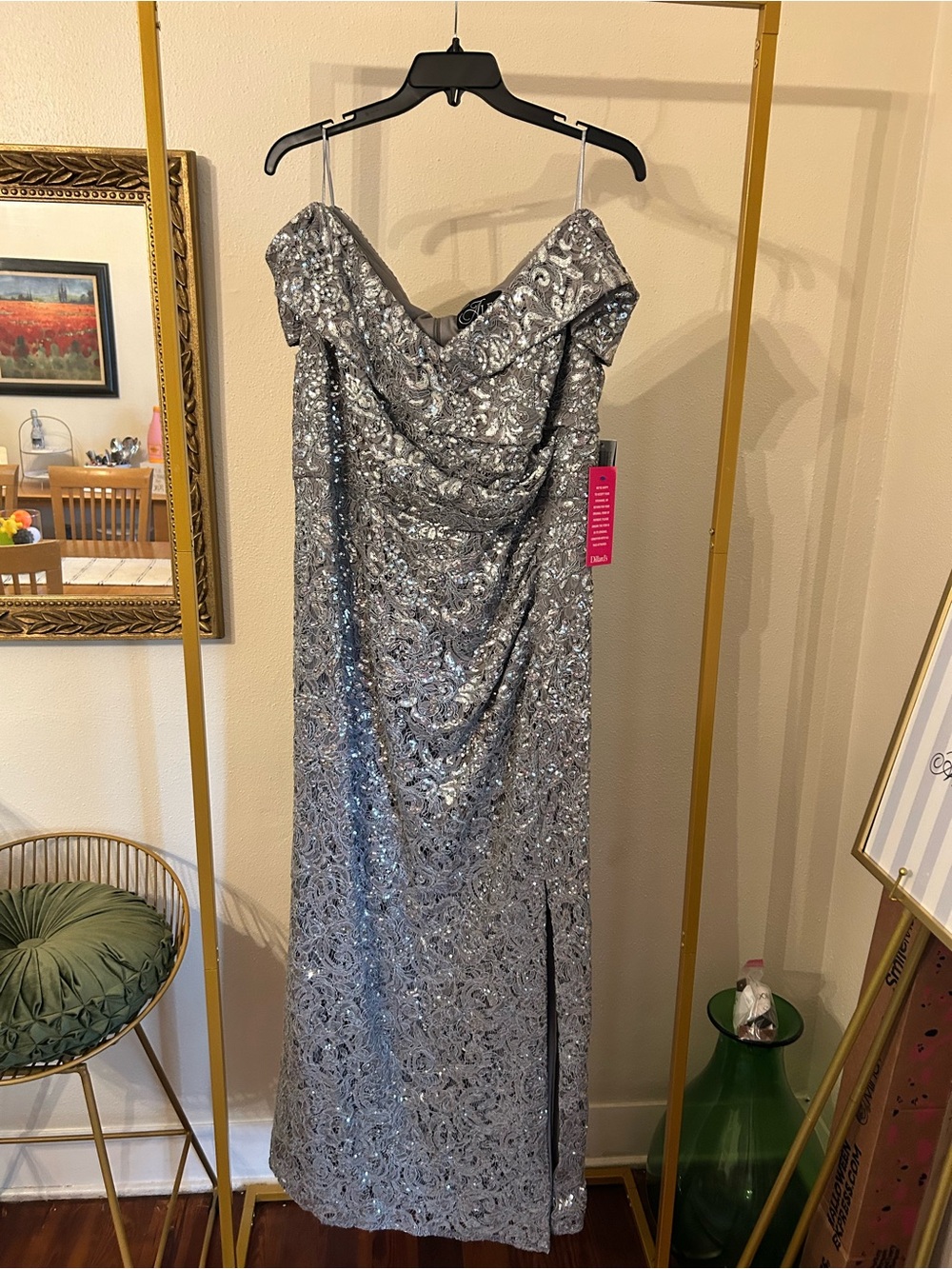 Alex Evenings Silver Off-Shoulder Sequin Gown